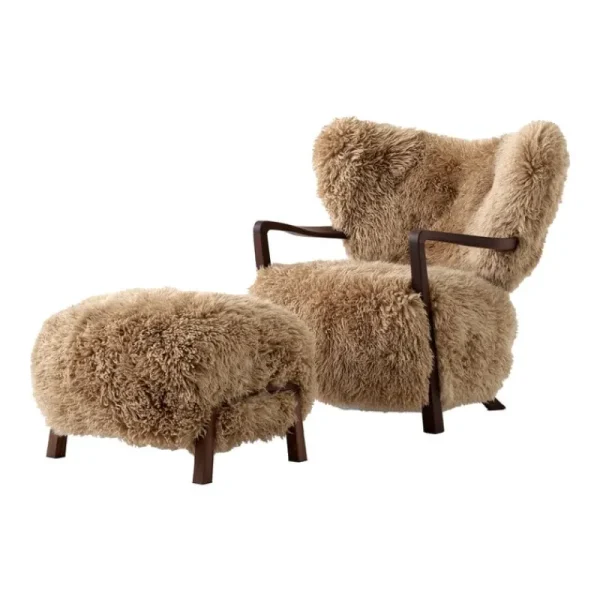 Knoll Sitzgelegenheiten-&Tradition Wulff ATD2 Sessel und Pouf, Honig Schaffell 50 mm - Nussbaum