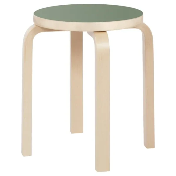 Artek Sitzgelegenheiten-Aalto Hocker E60, olivgrünes Linoleum - Birke