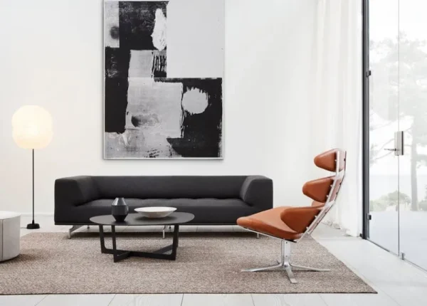 HAY Sofas Und Liegen-Fredericia Delphi 3-Sitzer-Sofa, gebürstetes Aluminium - schwarzes Leder Ma