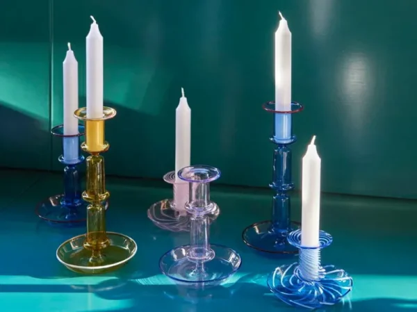 Orrefors Kerzen Und Kerzenhalter-HAY Flare Stripe candleholder, light blue - white
