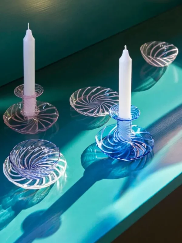 Orrefors Kerzen Und Kerzenhalter-HAY Flare Stripe candleholder, light blue - white