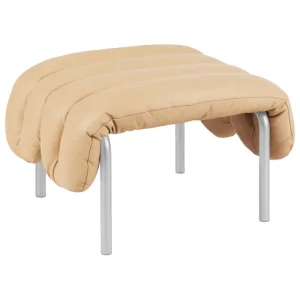 Sibast Sitzgelegenheiten-Hem Puffy Polsterhocker, sandbeiges Leder – Edelstahl