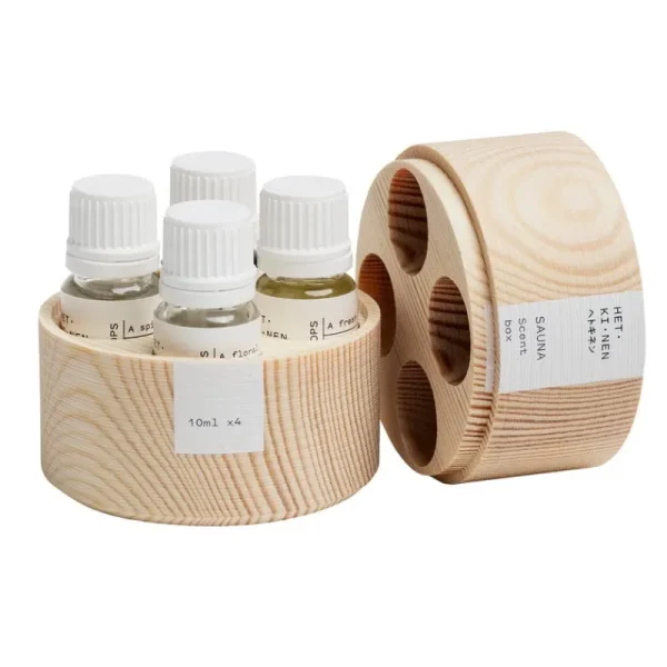 Hetkinen Hygiene- Und Kosmetikprodukte^Saunadüfte-Geschenkset, 4 Stück, Kästchen aus Kiefernholz