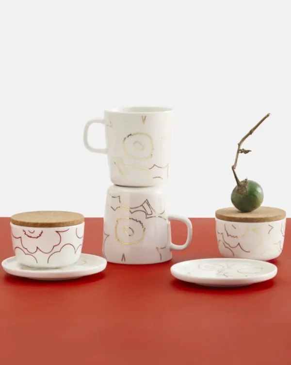 Marimekko Geschirr^Oiva - Piirto Unikko Schale, 2,5 dl, 2er-Set, weiß - gold - dunkelrot