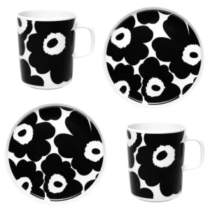 Marimekko Geschirr^Oiva - Unikko Tasse und Teller (Set), Weiß - Schwarz