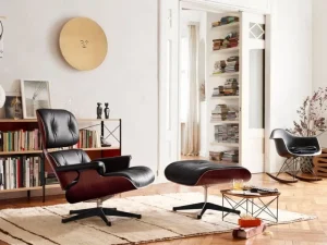 Mattiazzi Sitzgelegenheiten-Vitra Eames Lounge Ottomane, Palisander – schwarzes Leder