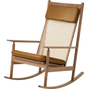 Warm Nordic Sitzgelegenheiten-Swing Schaukelstuhl, Teakholz - cognacbraunes Nevada-Leder